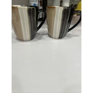 SET OF 2 Textured JAZZ by Home Trends  Black White Tan Striped Bands Coffee Mugs